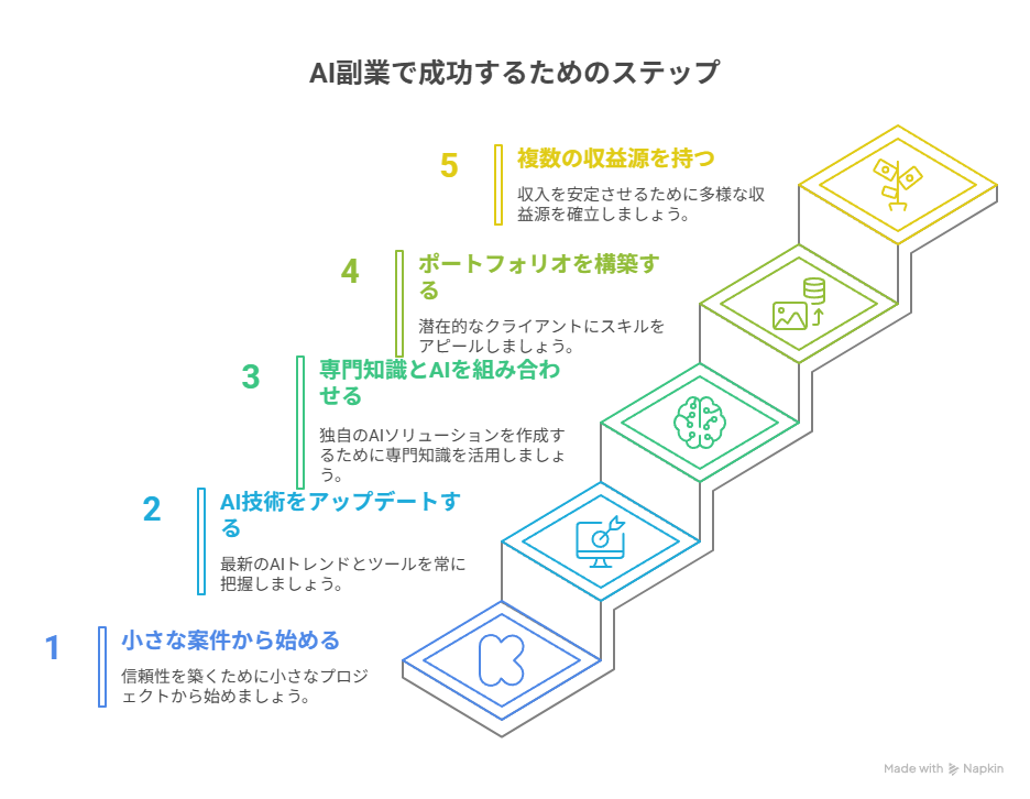 AI副業で成功するための5ステップを示した図。1. 小さな案件から始める、2. AI技術をアップデートする、3. 専門知識とAIを組み合わせる、4. ポートフォリオを構築する、5. 複数の収益源を持つ。