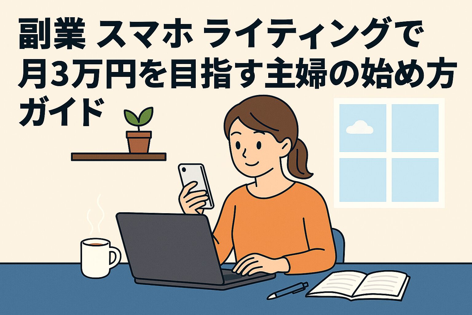 在宅でスマホとパソコンを使って副業に励む主婦のイラスト