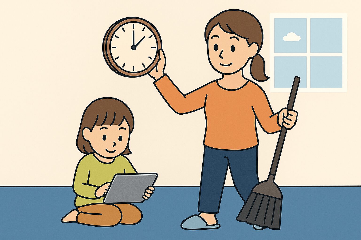 「在宅ワークの時間をやりくりする主婦と子どものイラスト」