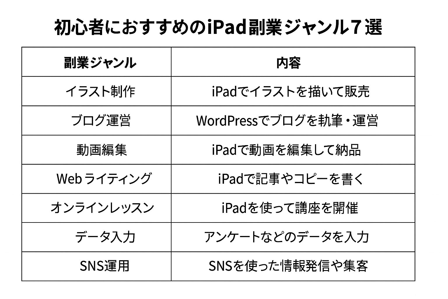 iPadを使った初心者向け副業ジャンル7選の表