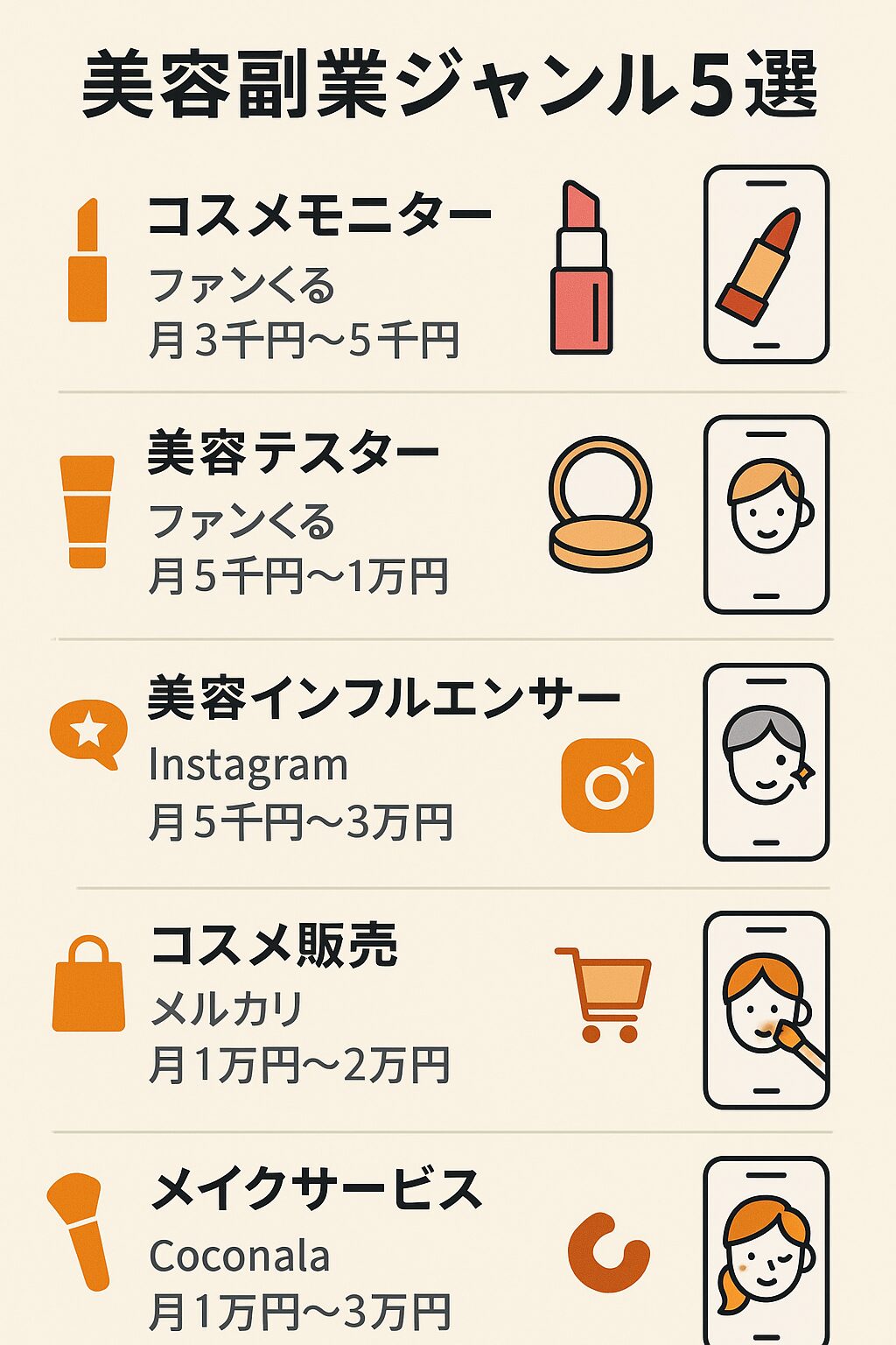 スマホでできる美容系副業5選をまとめた日本語インフォグラフィック