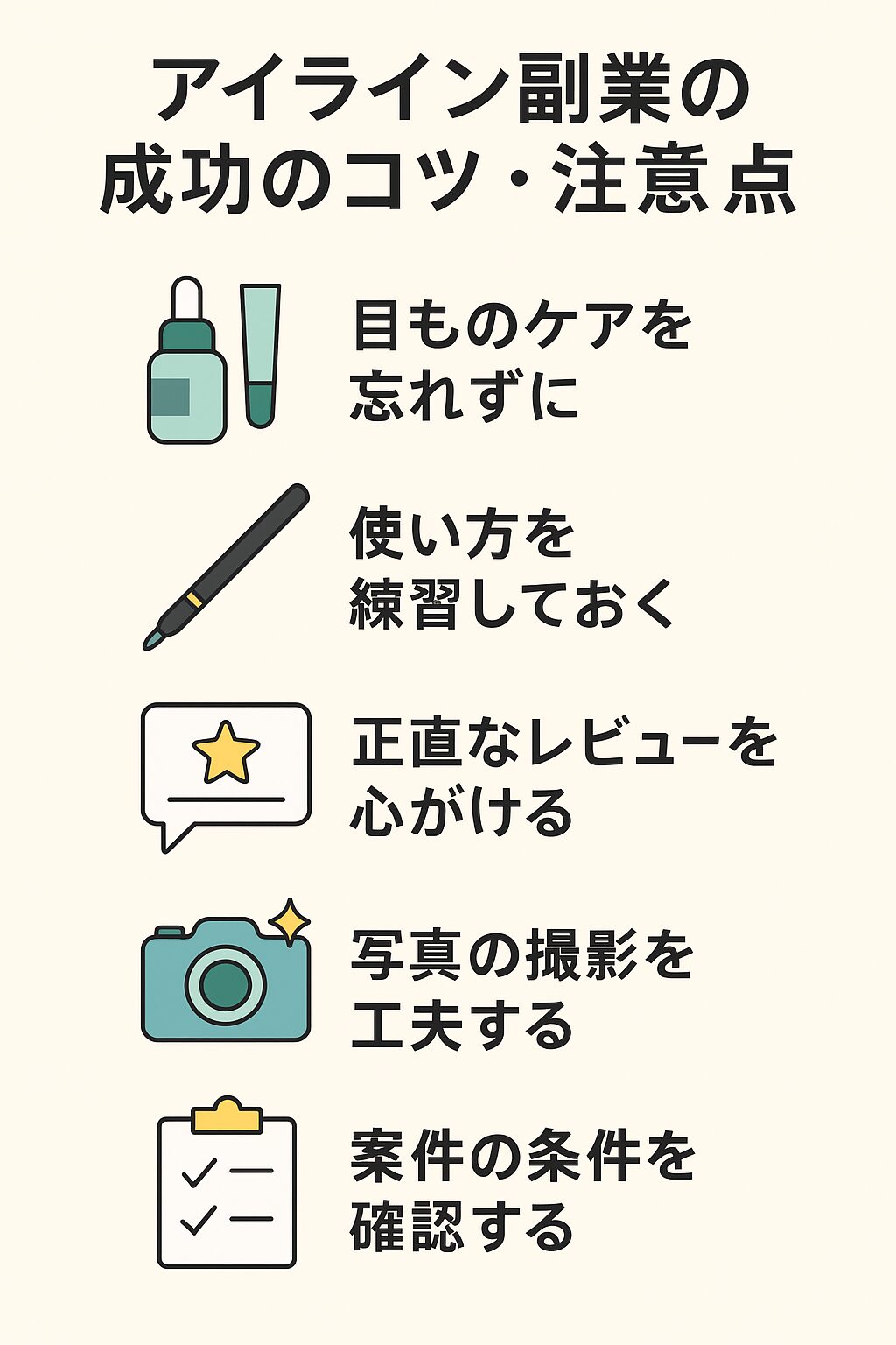 アイライン副業の成功と注意点を5つのポイントで示したインフォグラフィック