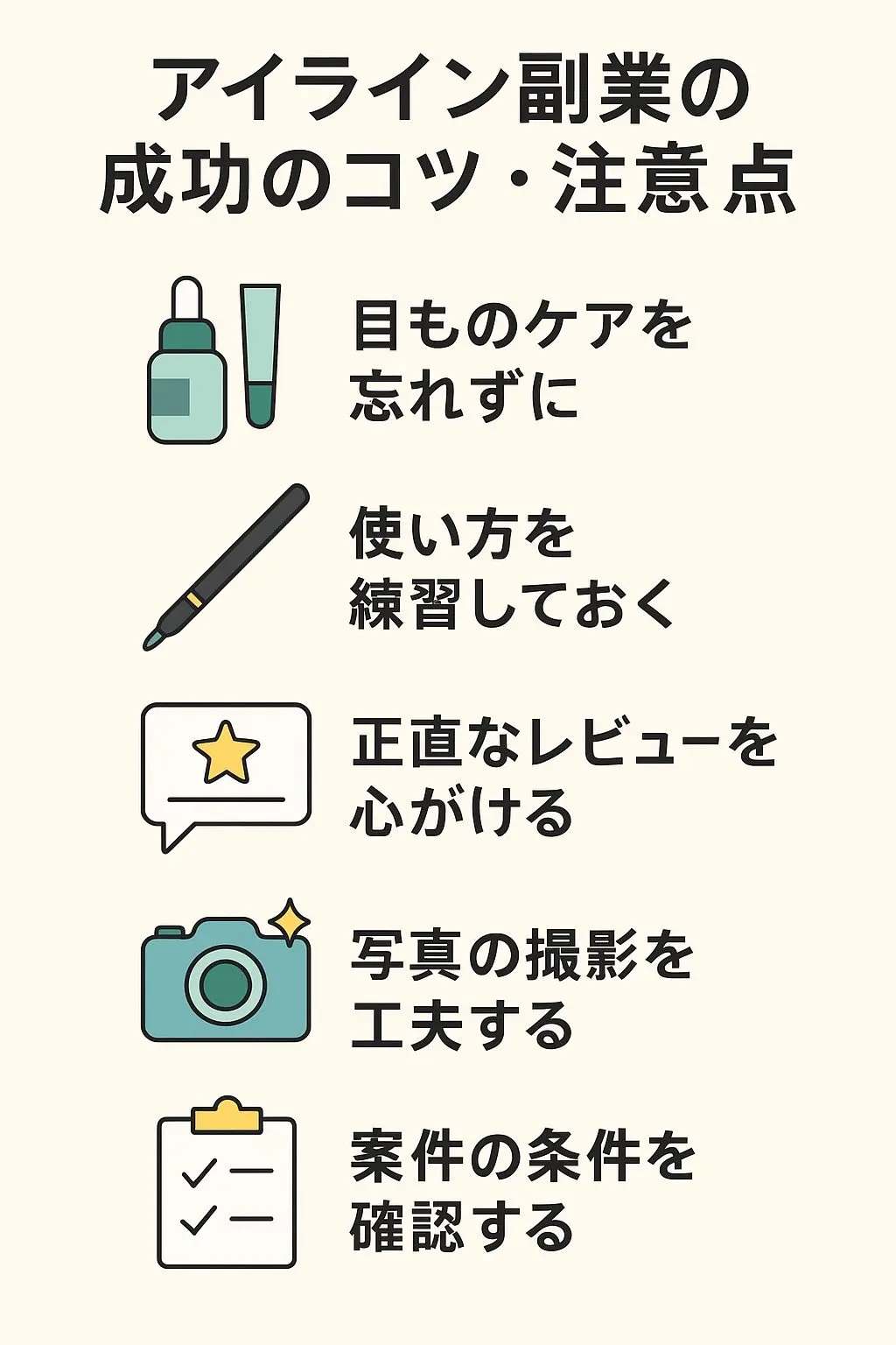 アイライン副業の成功と注意点を5つのポイントで示したインフォグラフィック