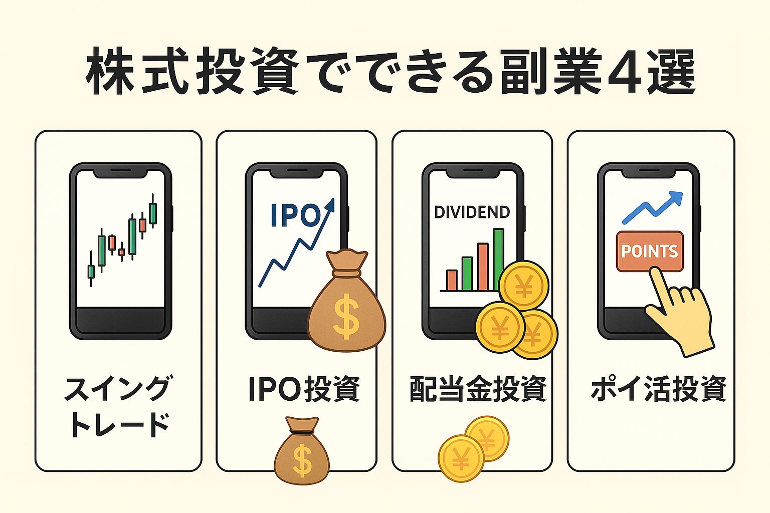 株式投資でできる4つの副業ジャンル（スイングトレード、IPO、配当金、ポイ活）