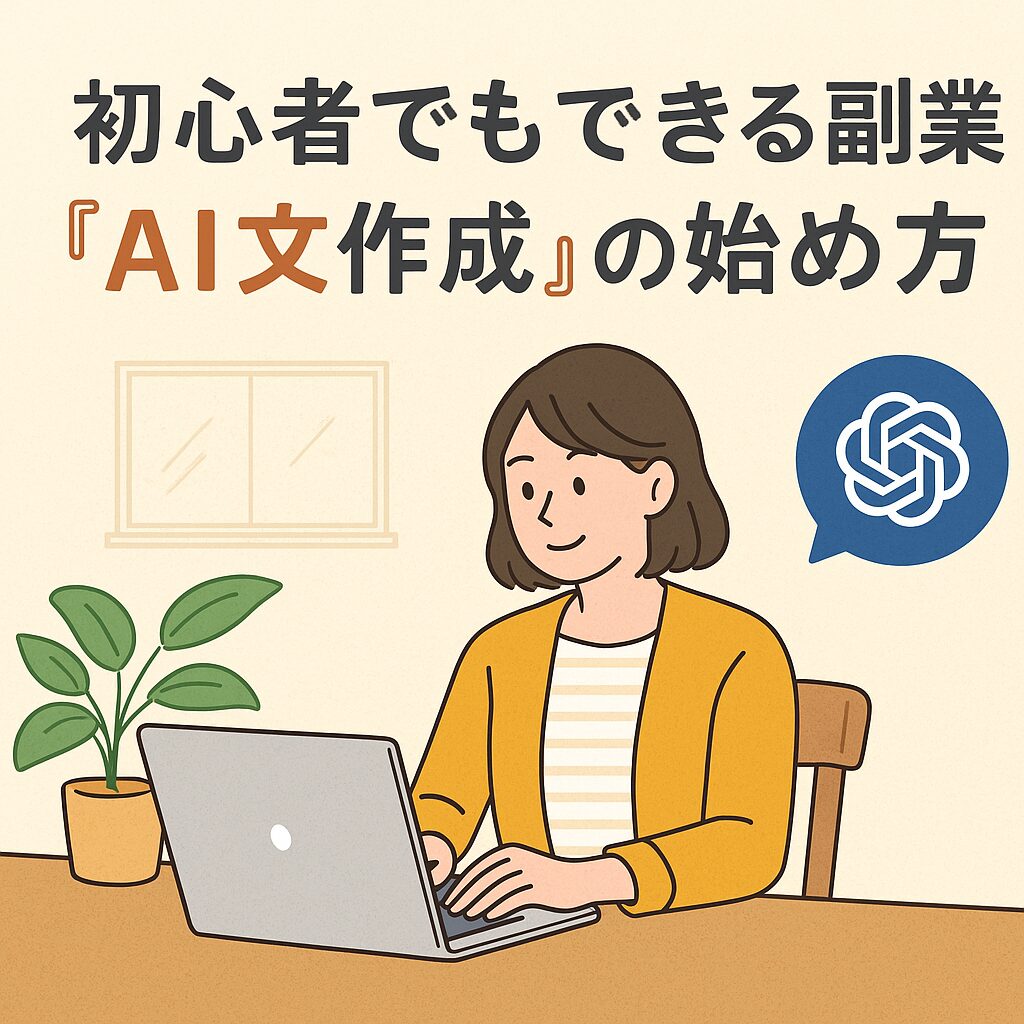 副業でAI文章作成に取り組む女性のイラストと「初心者でもできる副業『AI文作成』の始め方」のタイトル文字