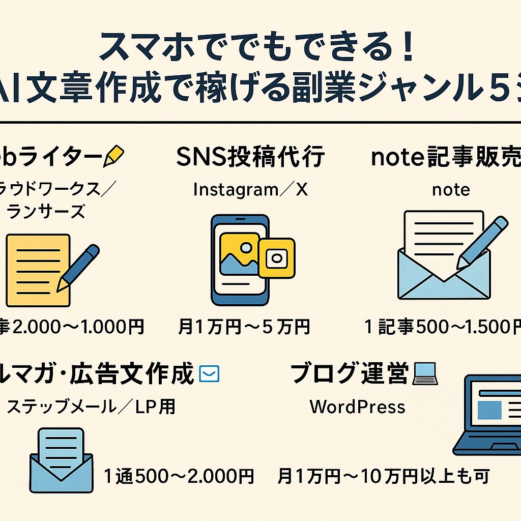 　スマホでもできるAI文章作成副業ジャンル5選を紹介した図解（Webライター、SNS投稿代行、note販売、メルマガ作成、ブログ運営）
