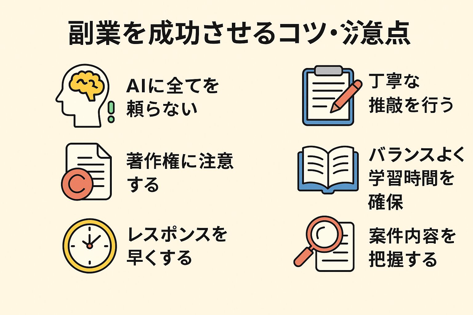 副業を成功させるための7つのコツと注意点をまとめたインフォグラフィック（AI依存・著作権・レスポンス・推敲・学習・案件理解）
