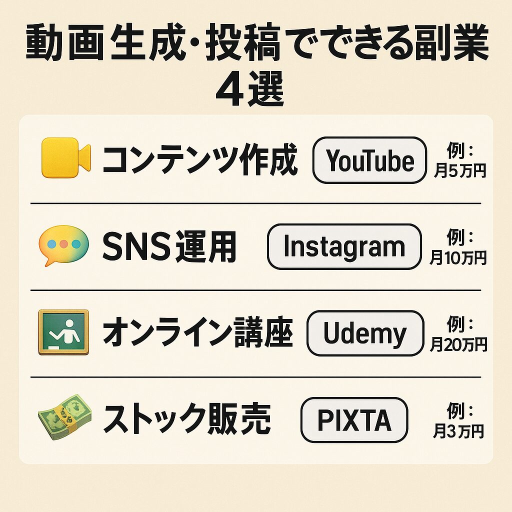  動画生成・投稿でできる副業4選（YouTube・Instagram・Udemy・PIXTA）