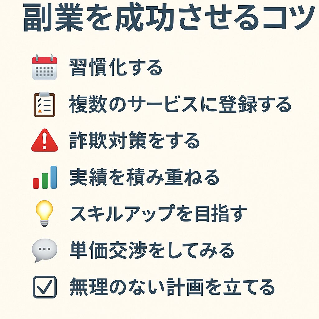 スマホ副業を成功させる7つのポイントを図で整理。習慣化・複数登録・詐欺対策など初心者向けアドバイス。