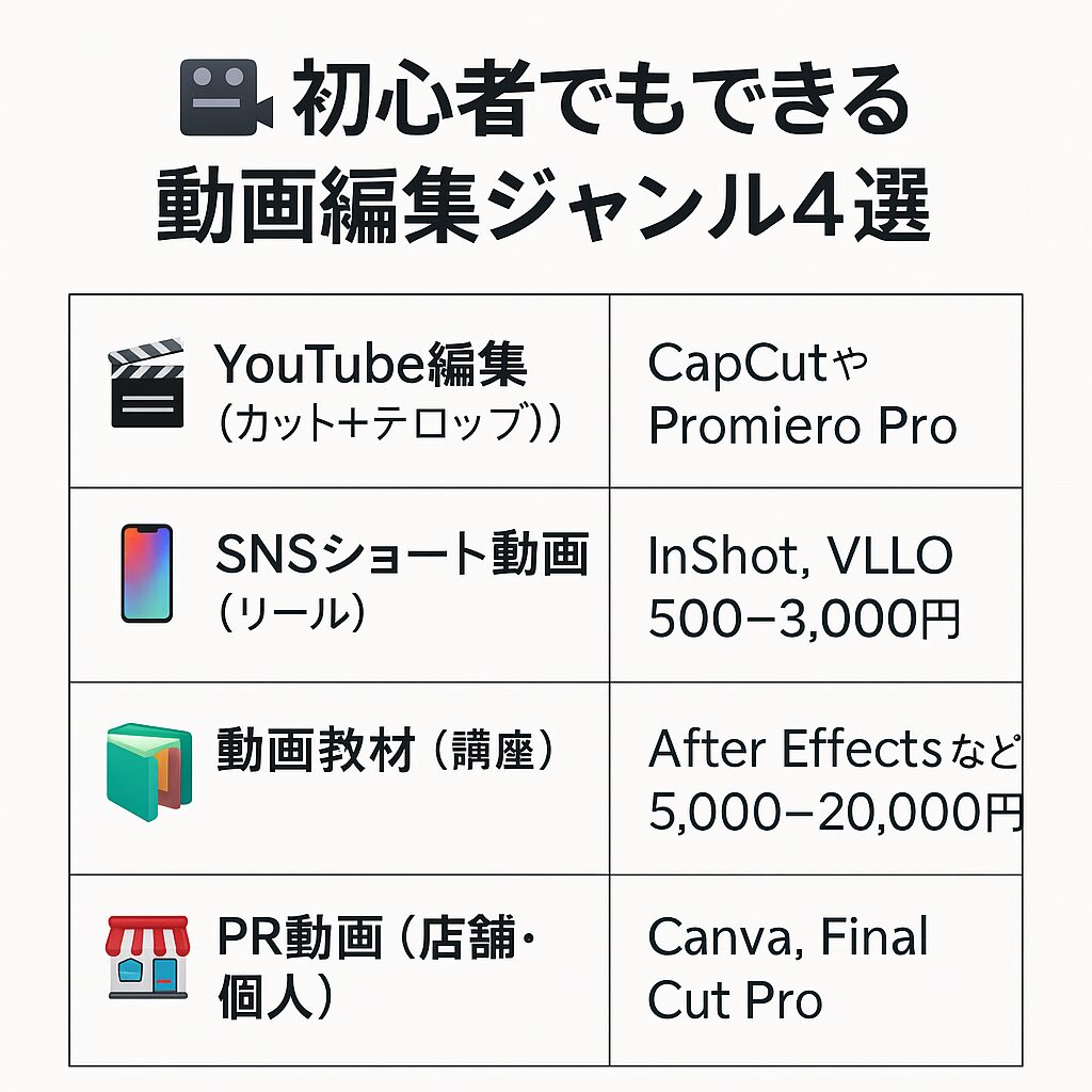 「初心者向けにココナラで選べる動画編集副業ジャンルと収益目安を示した図解」