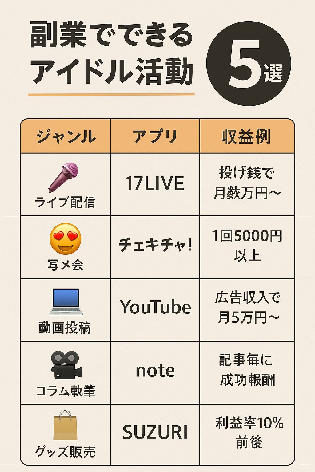 副業でできるアイドル活動5選の図解