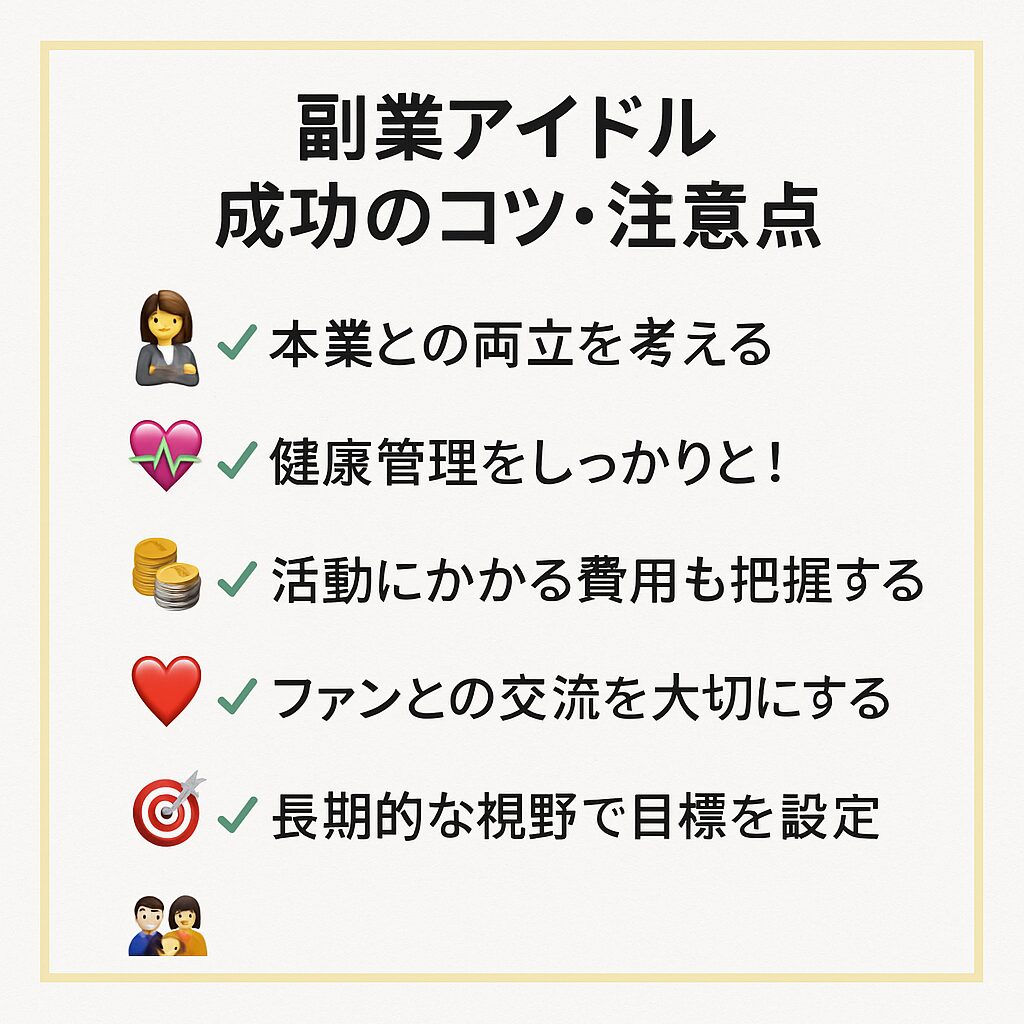 副業アイドルの成功のコツと注意点をまとめた図解