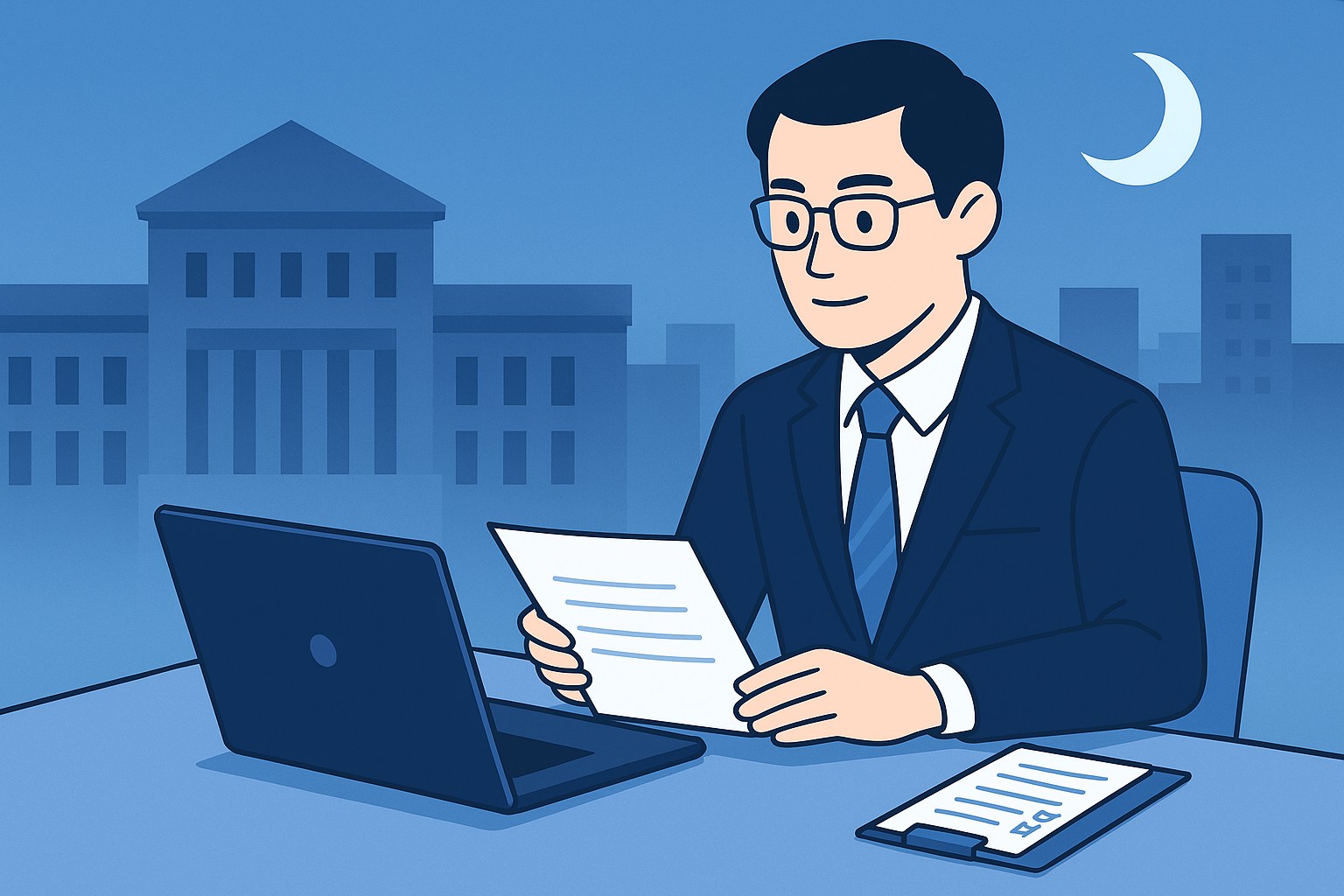 夜の役所を背景に、副業書類を確認するスーツ姿の公務員男性のイラスト