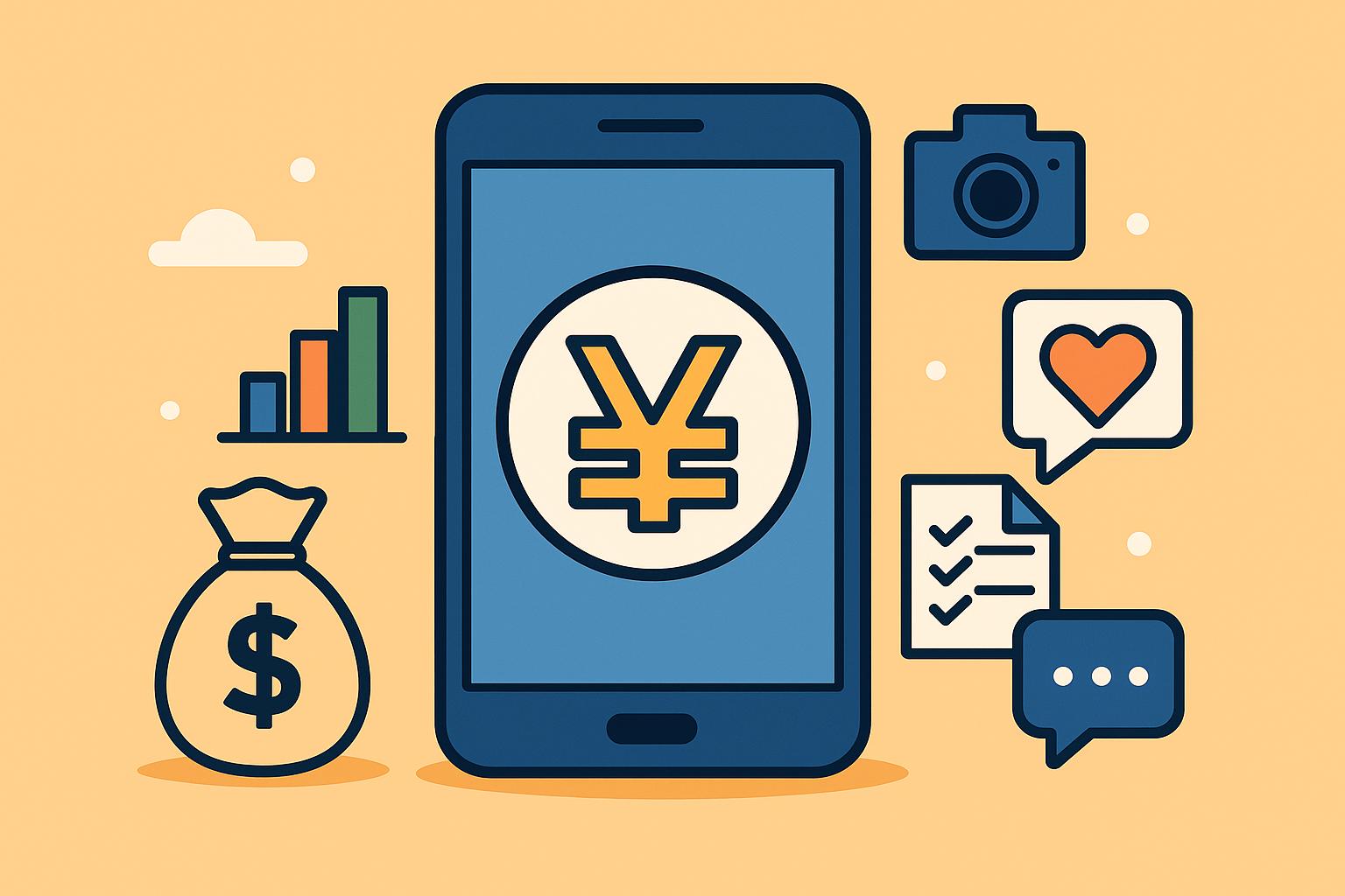 縦向きスマホ画面に大きな金色の円マークが表示され、その周囲にお金袋、グラフ、カメラ、チェックリスト、ハートマーク、チャットバブルなどの鮮やかなアイコンが配置されたフラットデザインのイラスト。