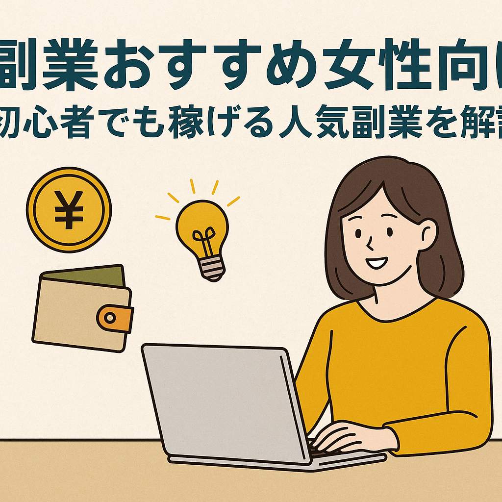 副業を始める女性のイラストと副収入に関連するアイコン（ノートPC・電球・財布・円マーク）