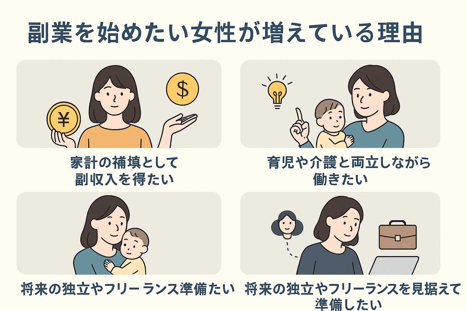 副業を始めたい女性の理由を示す4つのイラスト(家計補填・スキル活用・育児との両立・独立準備)