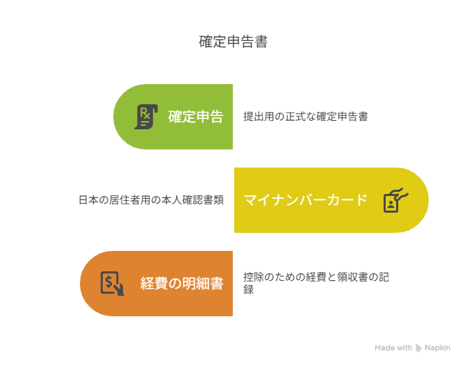 副業の確定申告に必要な３種の書類（確定申告書・マイナンバーカード・経費の明細書）を色分けで示したインフォグラフィック