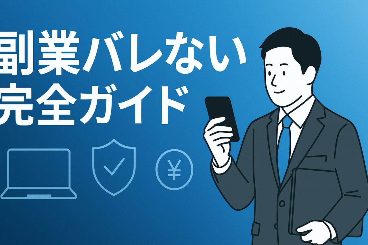横長バナー「副業バレない完全ガイド」のタイトルとスマートフォンを手にするスーツ姿の男性イラスト、ノートPC・盾・円マークのラインアイコン