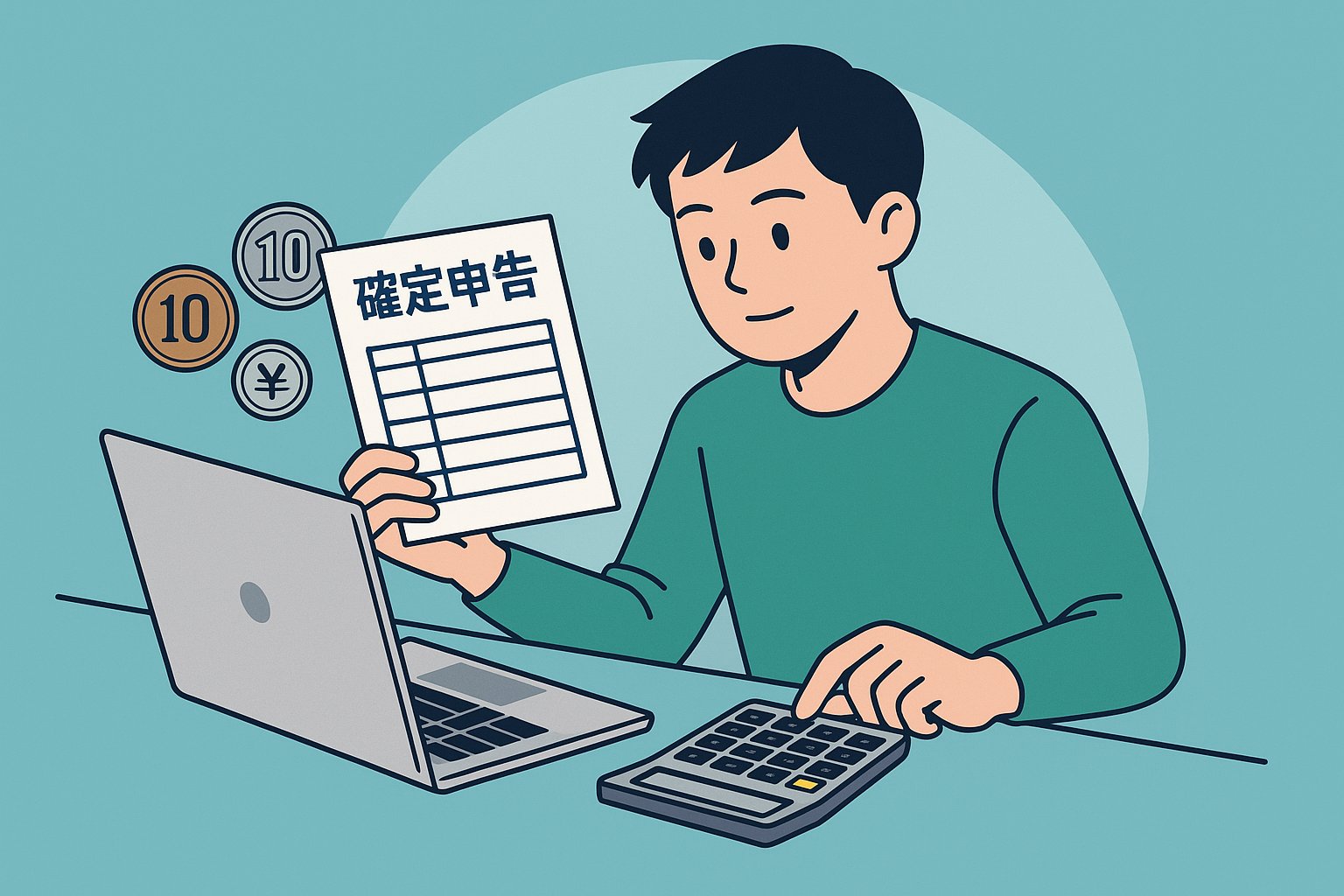 副業 確定申告の作業イメージ – ノートパソコンと電卓を使い、日本円コインと申告書を確認する若い副業ワーカーのイラスト