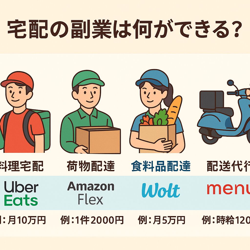 「料理宅配・荷物配送・食料品配達・配送代行など、宅配副業の種類と収入例をイラストで比較した図」