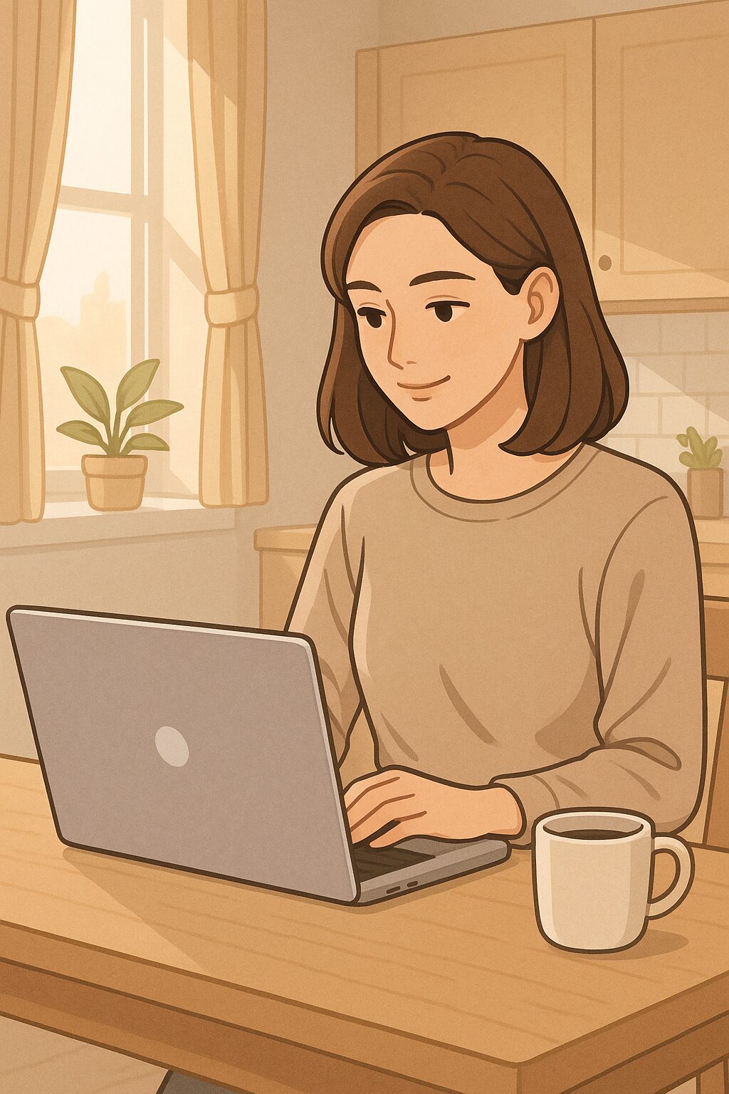 短時間で副業する女性がスマホで作業しているイラスト