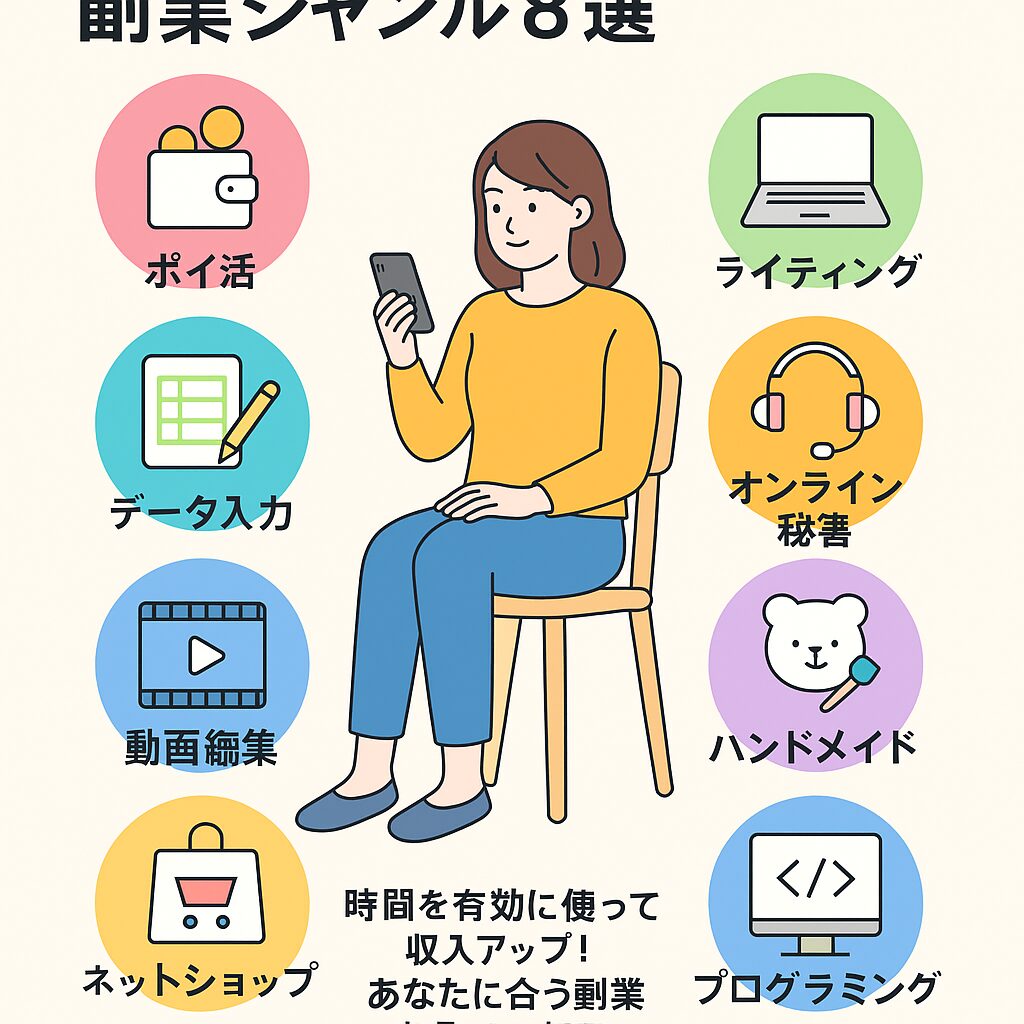 スマホやパソコンを使って副業する8種類の働き方をまとめたイラスト