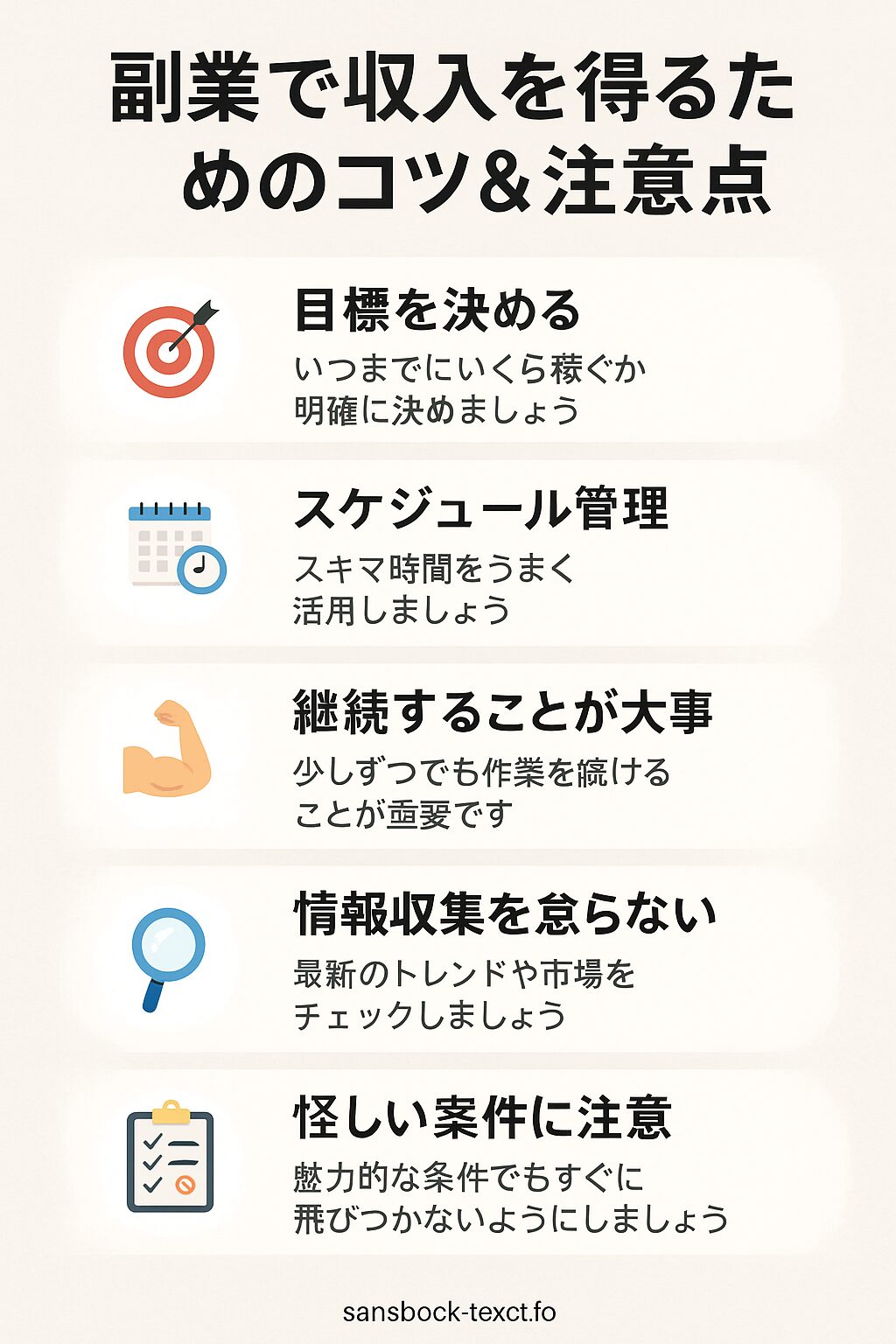 副業で成功するための5つのコツと注意点をまとめた日本語インフォグラフィック